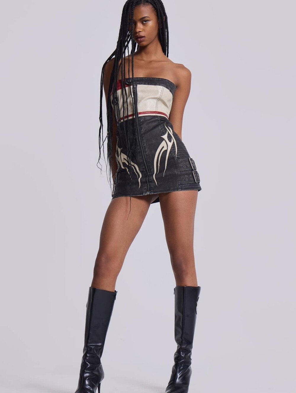 Jaded London Black & Cream Strapless Mini Dress with Red Trim